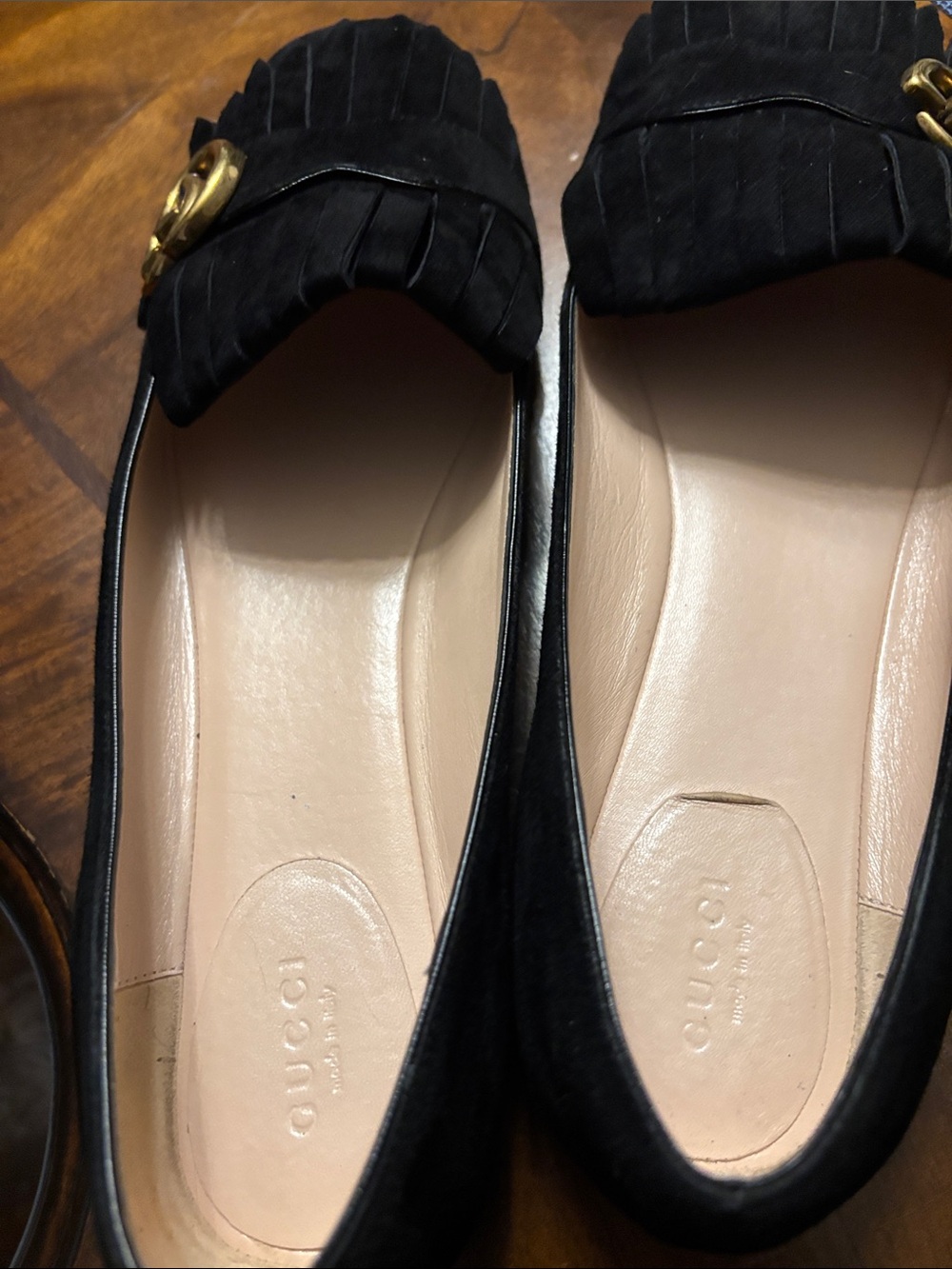Gucci Black Suede Fringe Loafers with Gold Accent